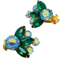 Vintage CELEBRITY gold emerald green rhinestone designer clip on earrings