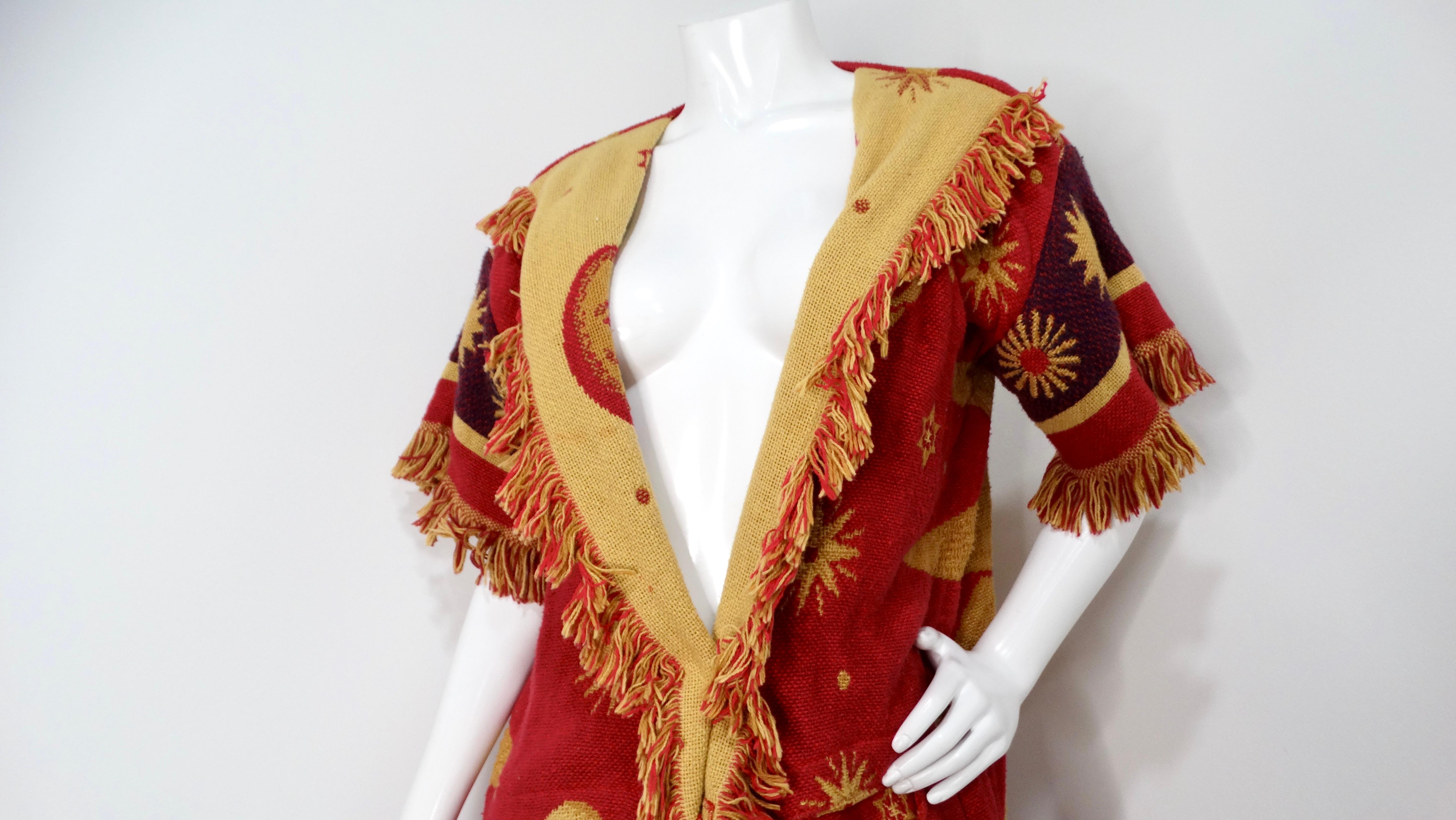 Red Vintage Celestial Print Fringe Cotton Kimono Jacket For Sale