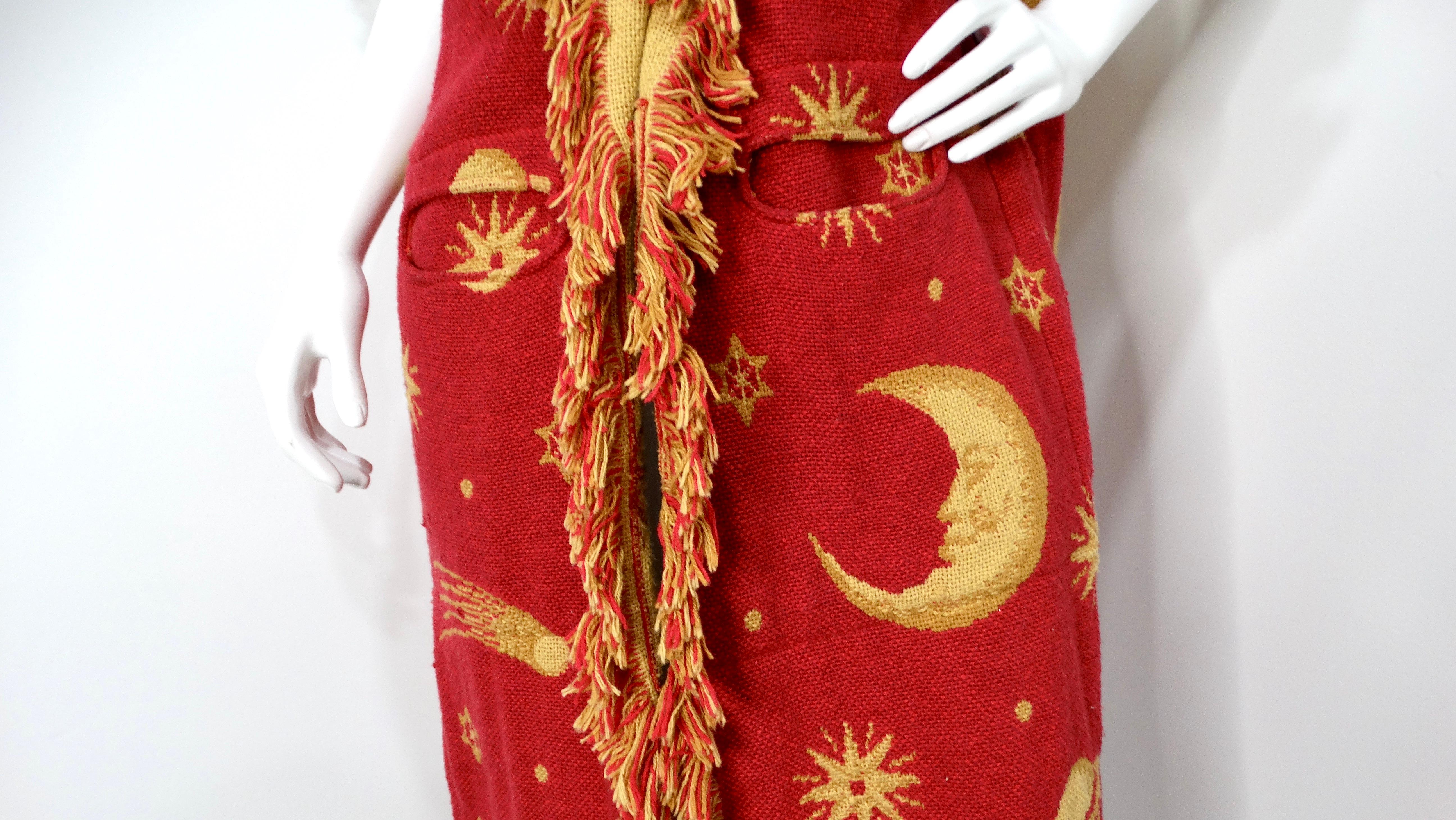 Vintage Celestial Print Fringe Cotton Kimono Jacket In Good Condition For Sale In Scottsdale, AZ