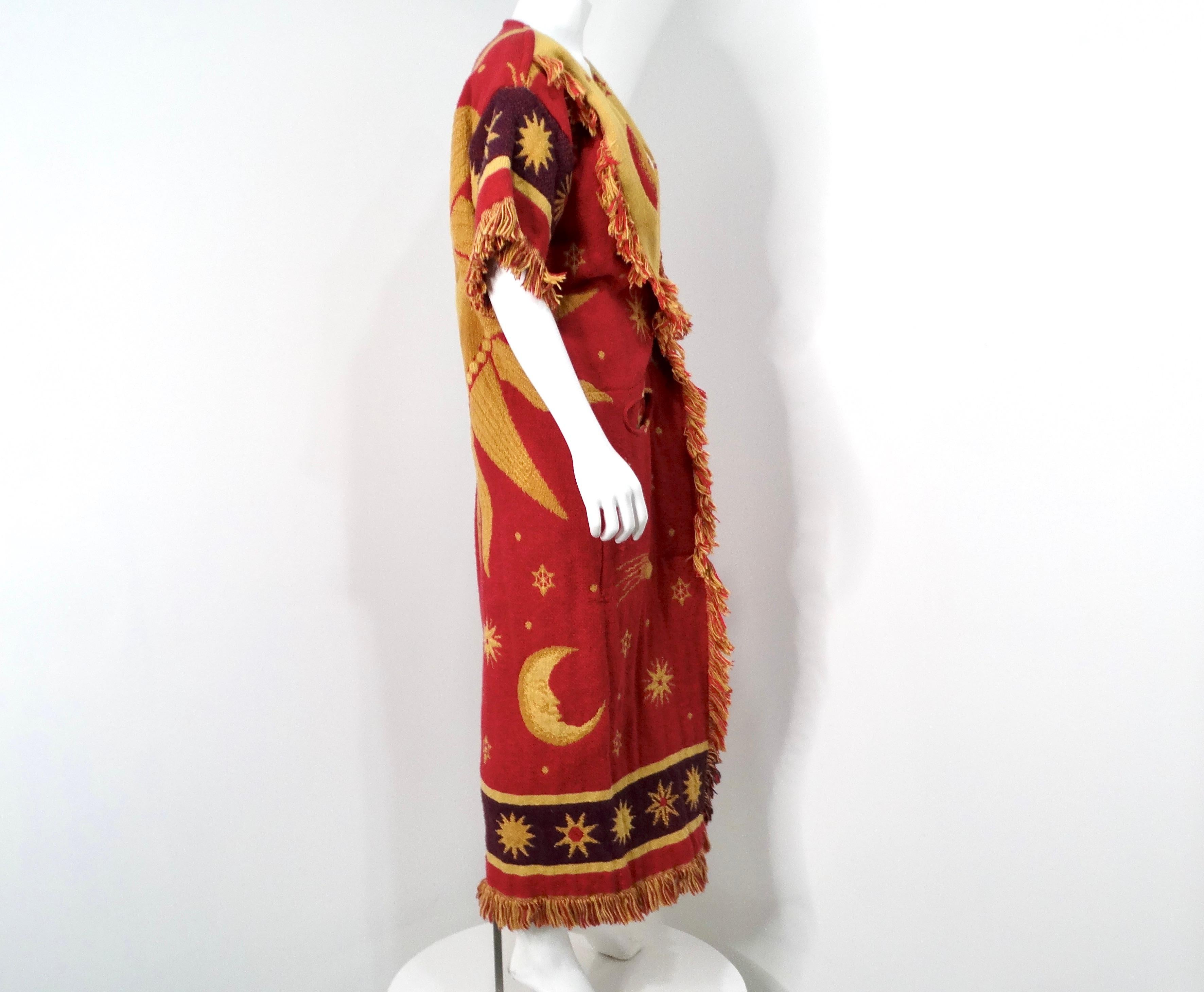 Vintage Celestial Print Fringe Cotton Kimono Jacket For Sale 4
