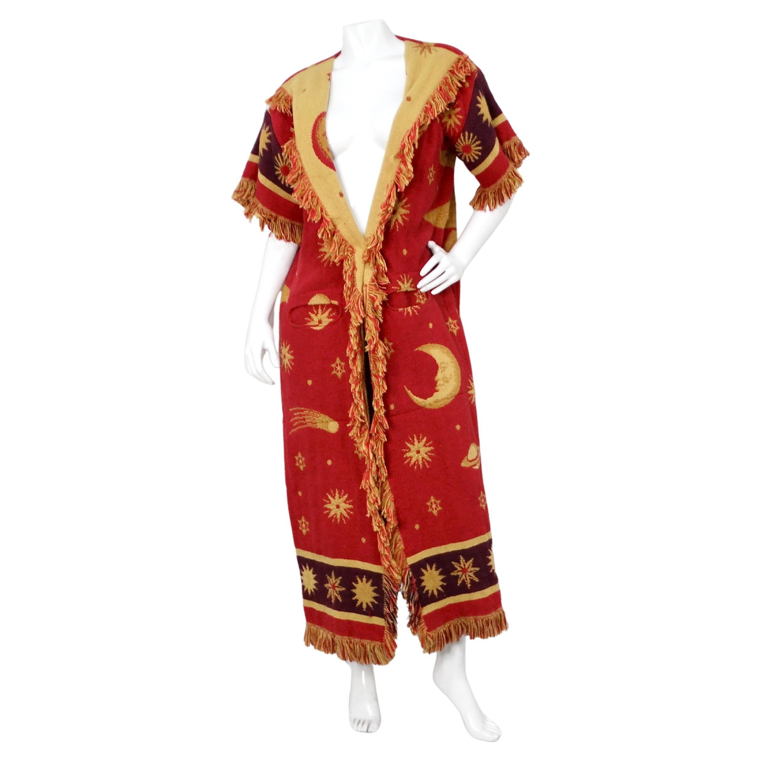Vintage Celestial Print Fringe Cotton Kimono Jacket For Sale