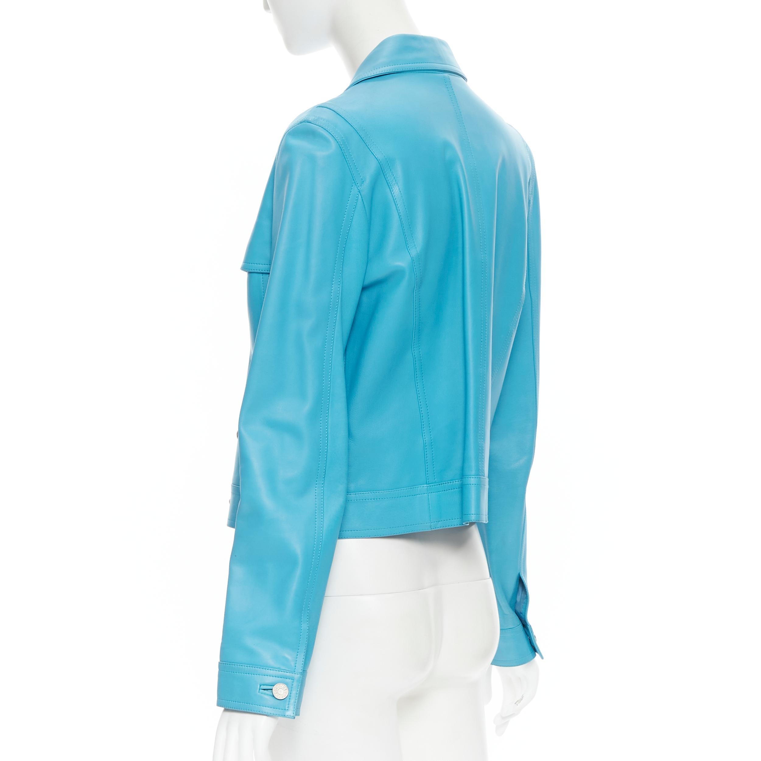 Blue vintage CELINE 100% sky blue lambskin leather short trucker jacket FR40 M