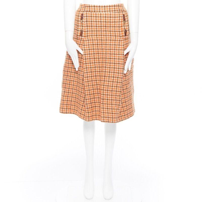 vintage CELINE 1980 orange check wool pleat skirt leather horsebit cuff FR44 XXL For Sale 5