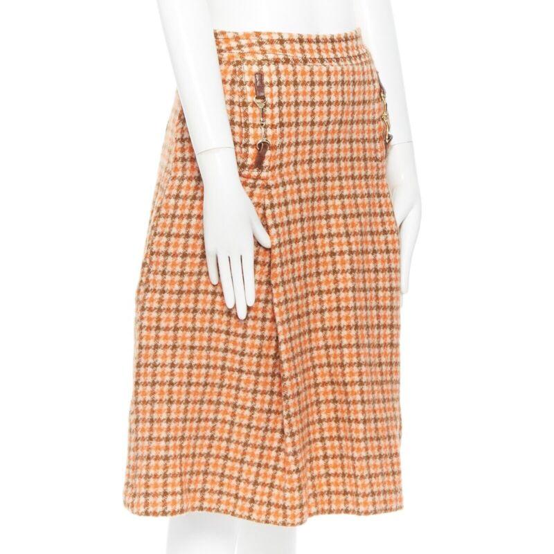 vintage CELINE 1980 orange check wool pleat skirt leather horsebit cuff FR44 XXL In Fair Condition For Sale In Hong Kong, NT