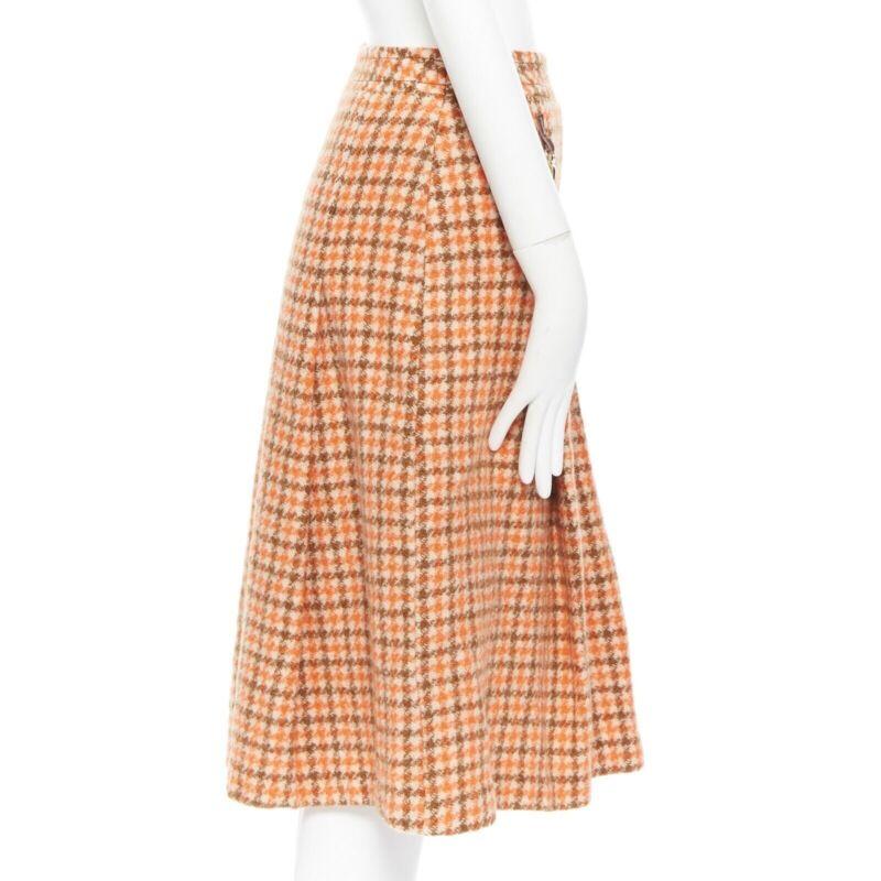Women's vintage CELINE 1980 orange check wool pleat skirt leather horsebit cuff FR44 XXL For Sale