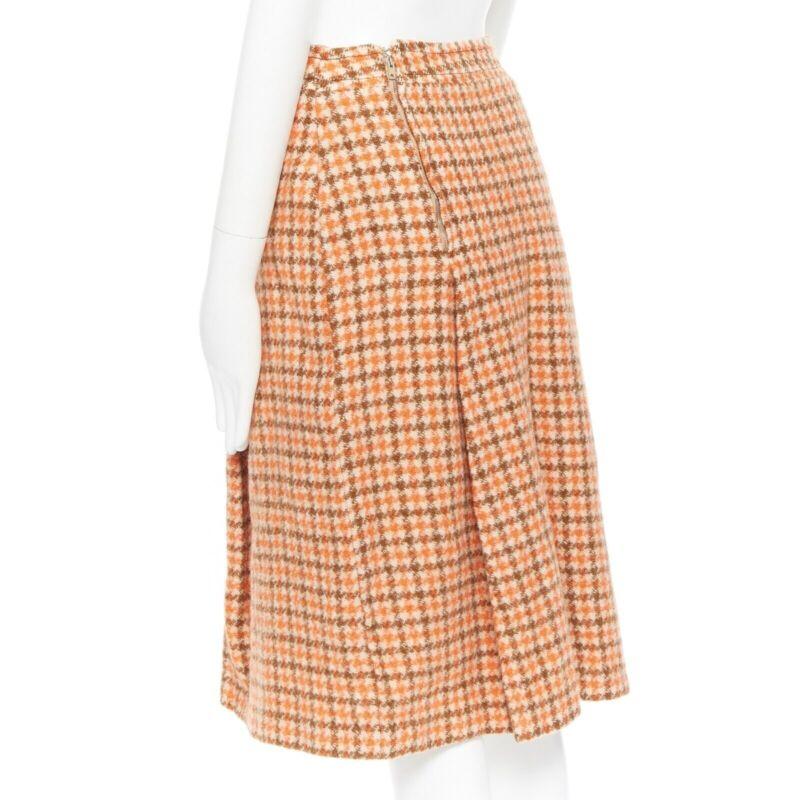 vintage CELINE 1980 orange check wool pleat skirt leather horsebit cuff FR44 XXL For Sale 2