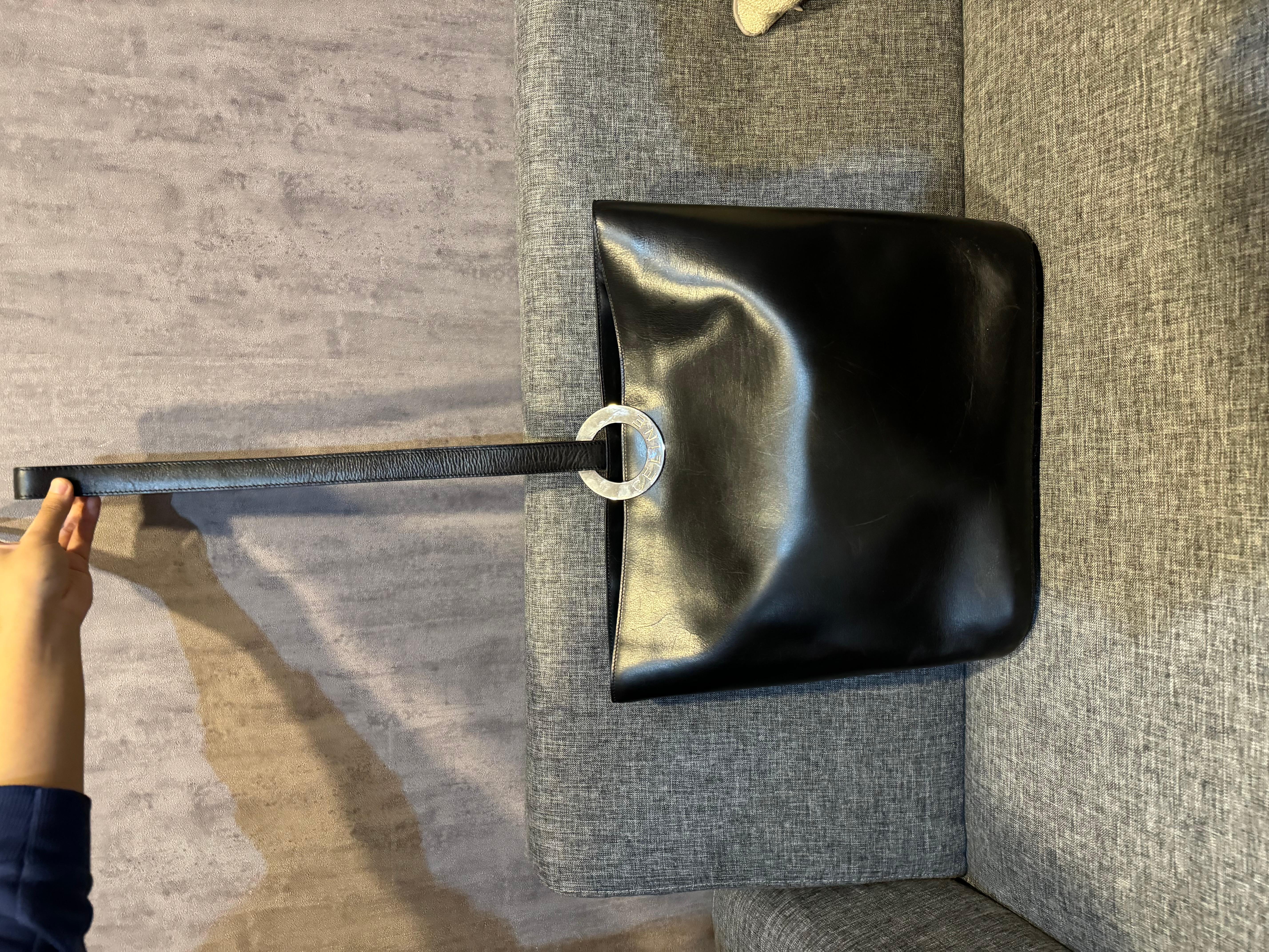 Vintage Celine Leather Circle Metal Logo Bucket Bag 6