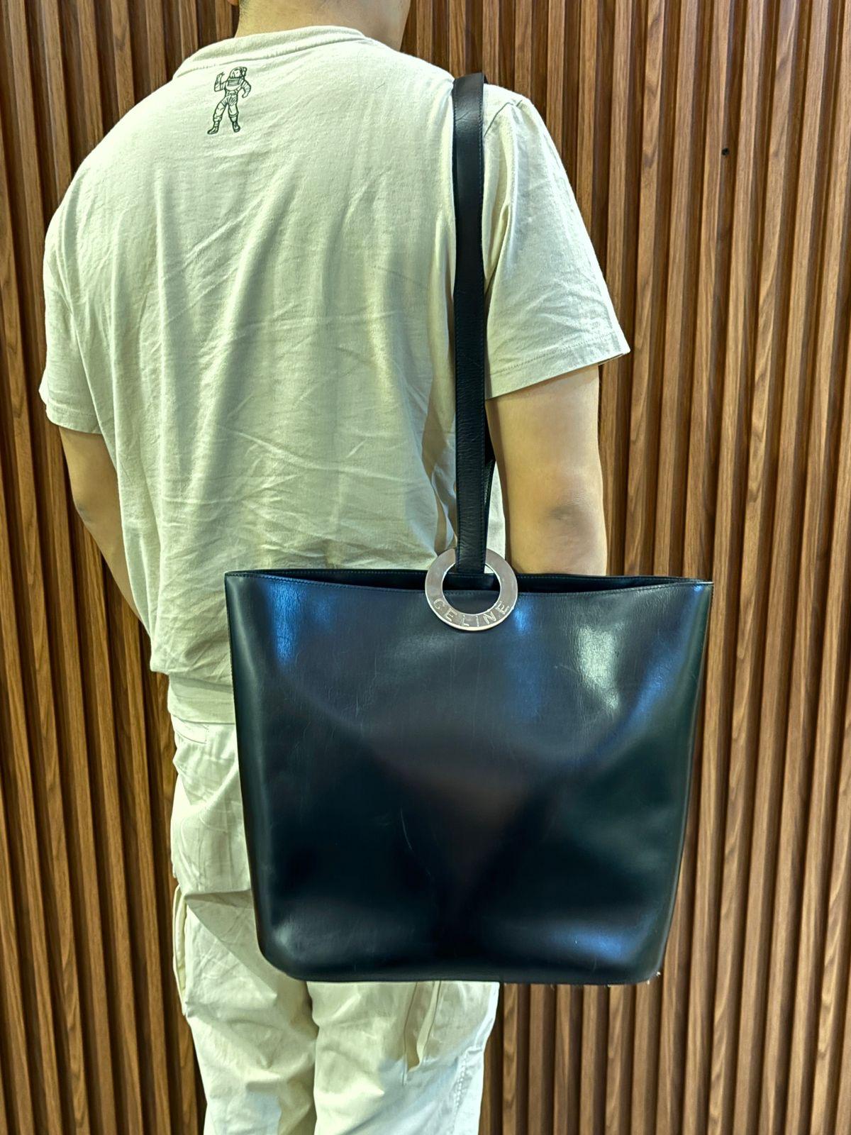 Noir Vintage Celine Leather Circle Metal Logo Bucket Bag