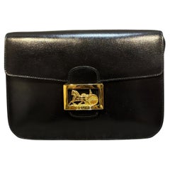 Vintage Celine Black Leather Horse Carriage Flap Bag