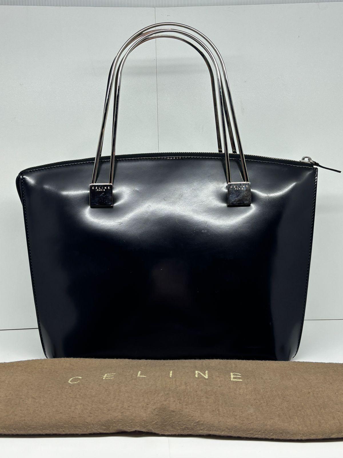 Vintage Celine Black Patent Metal Handles Zip Tote For Sale 6