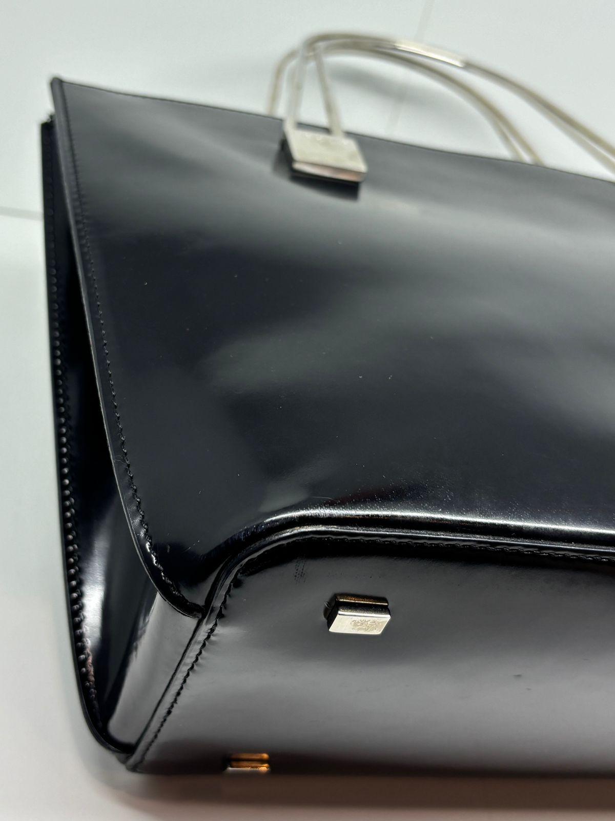 Vintage Celine Black Patent Metal Handles Zip Tote For Sale 8