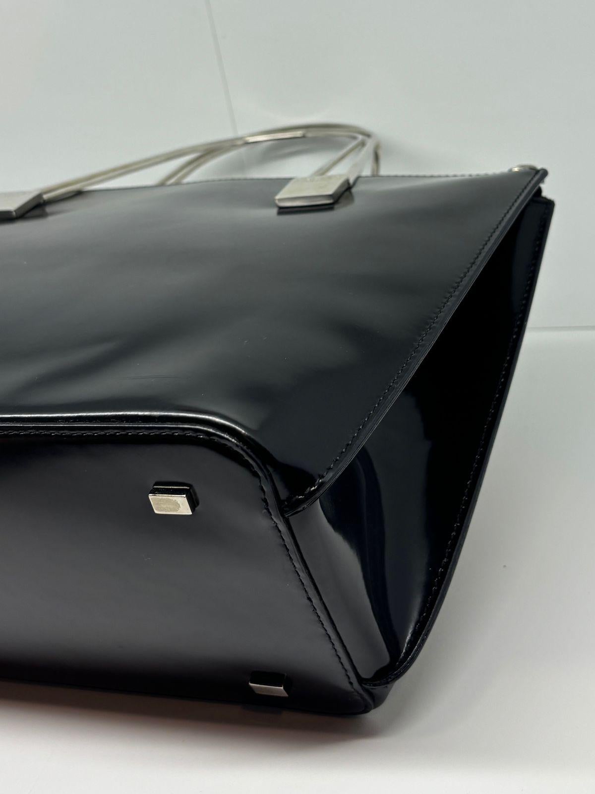 Vintage Celine Black Patent Metal Handles Zip Tote For Sale 9