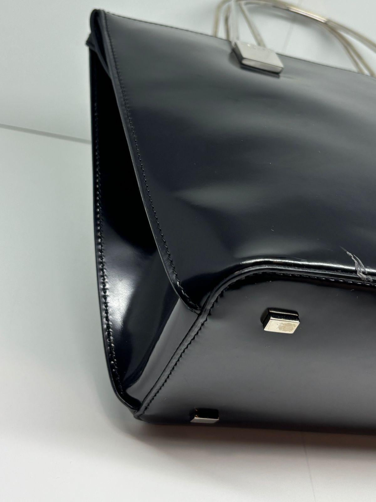 Vintage Celine Black Patent Metal Handles Zip Tote For Sale 10