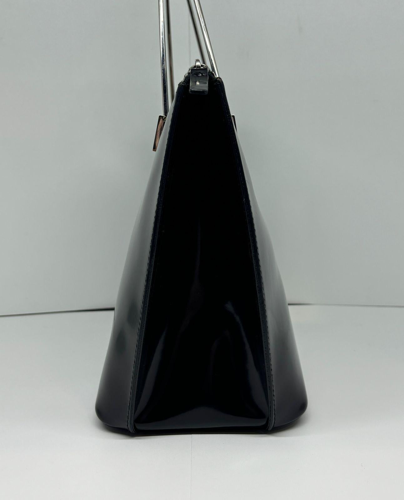 Vintage Celine Black Patent Metal Handles Zip Tote For Sale 2