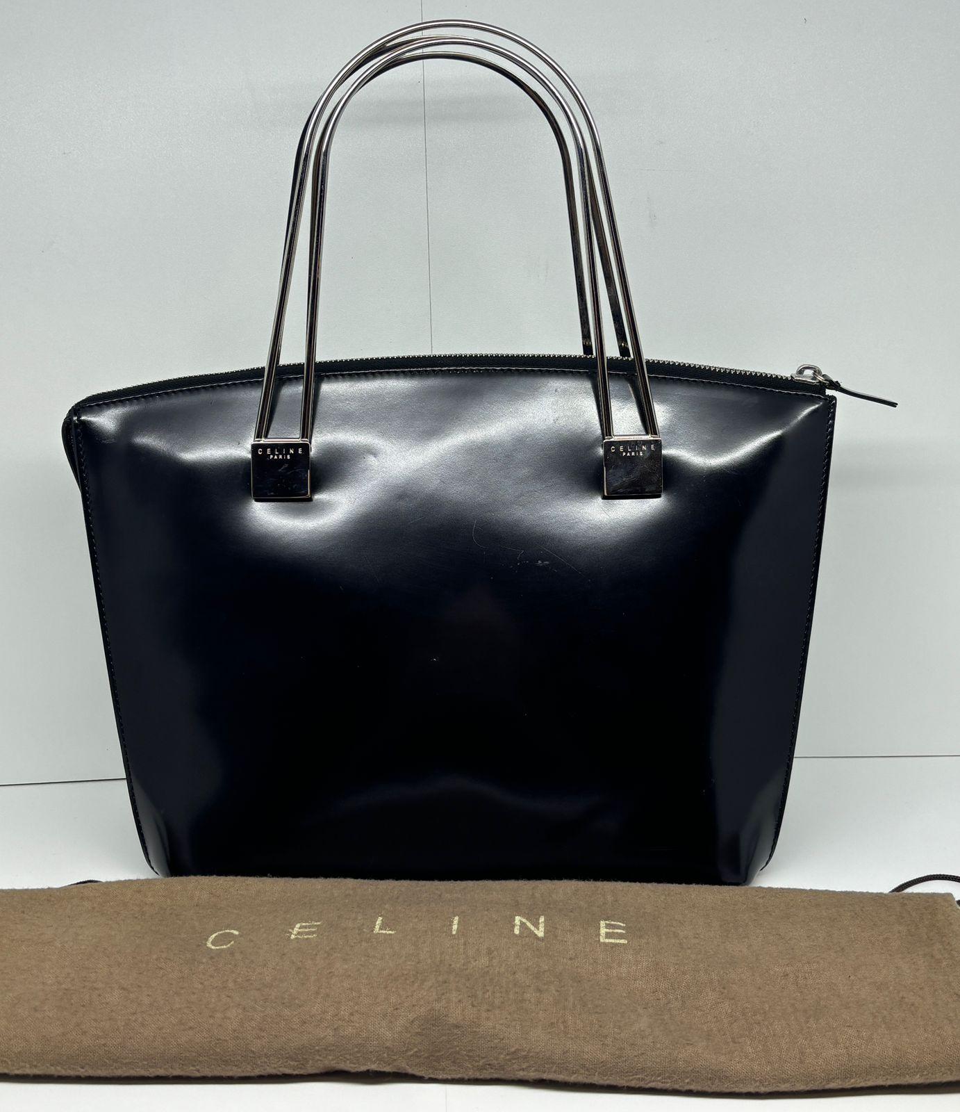 Vintage Celine Black Patent Metal Handles Zip Tote For Sale 3