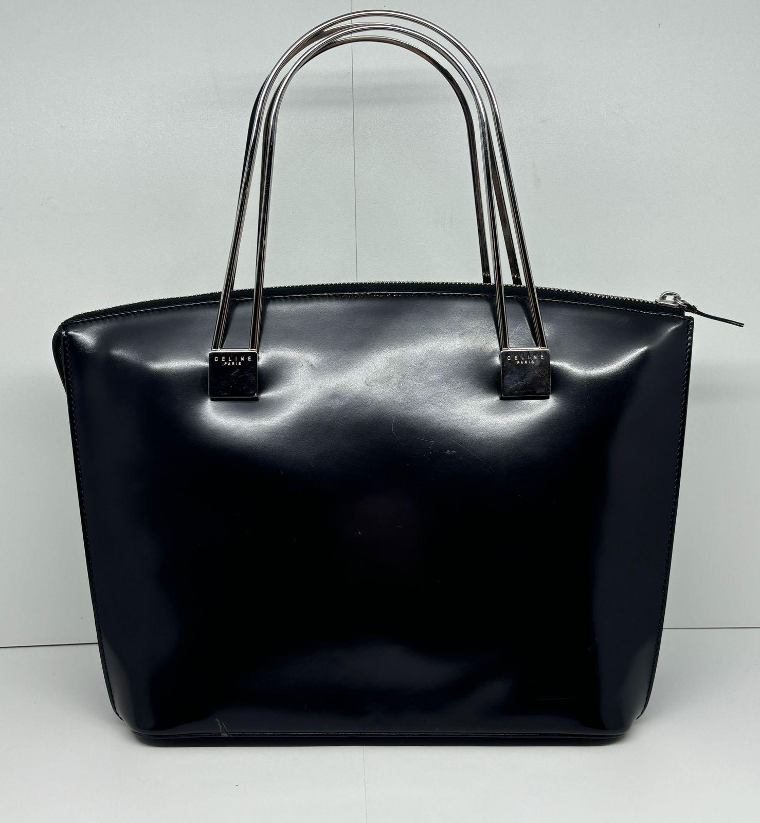 Vintage Celine Black Patent Metal Handles Zip Tote For Sale 4