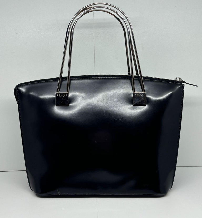 Vintage Celine Black Patent Metal Handles Zip Tote at 1stDibs