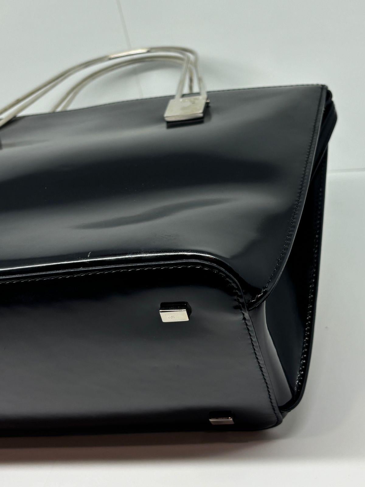 Vintage Celine Black Patent Metal Handles Zip Tote For Sale 5