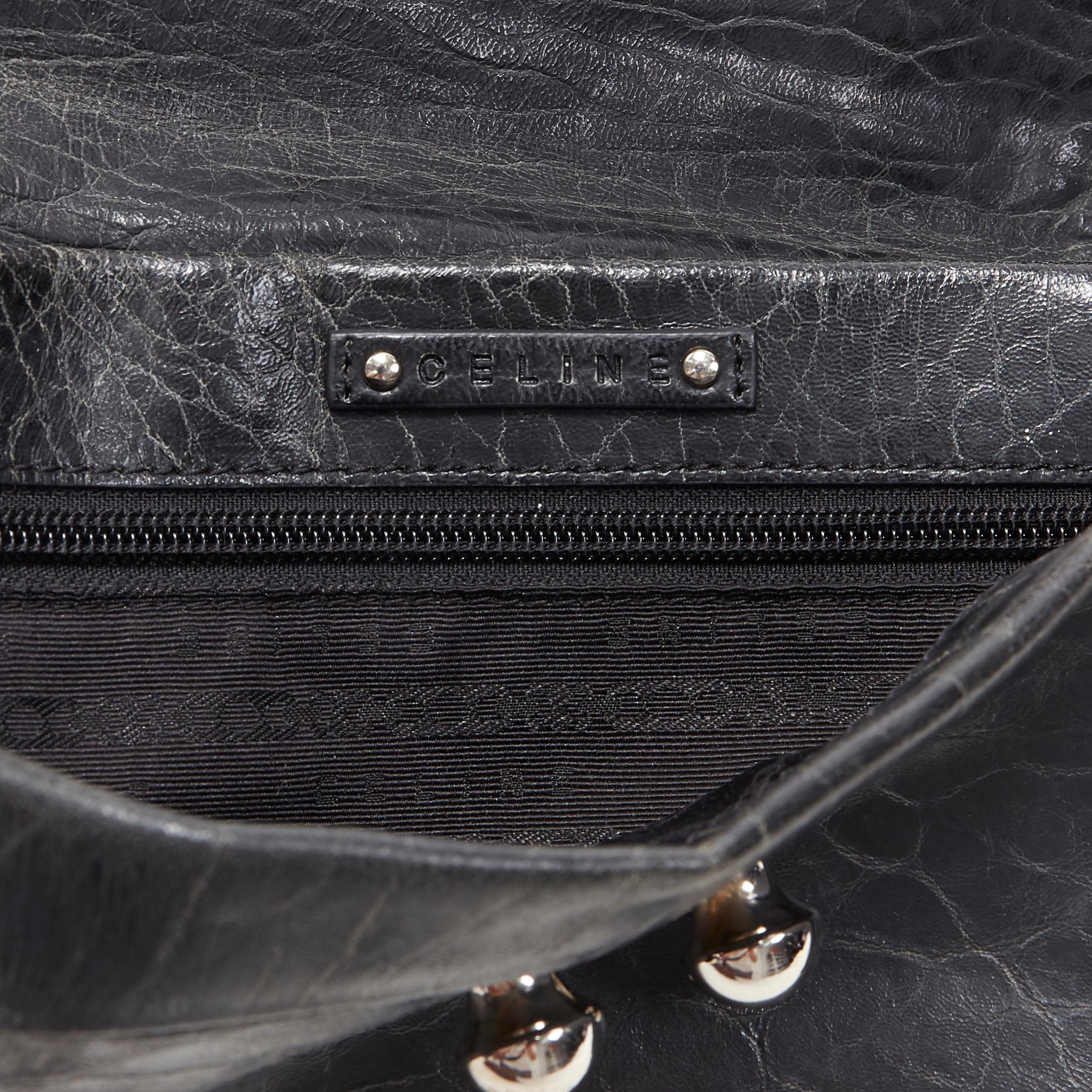 vintage CELINE black scaled leather flap silver ball buckle long clutch bag 2
