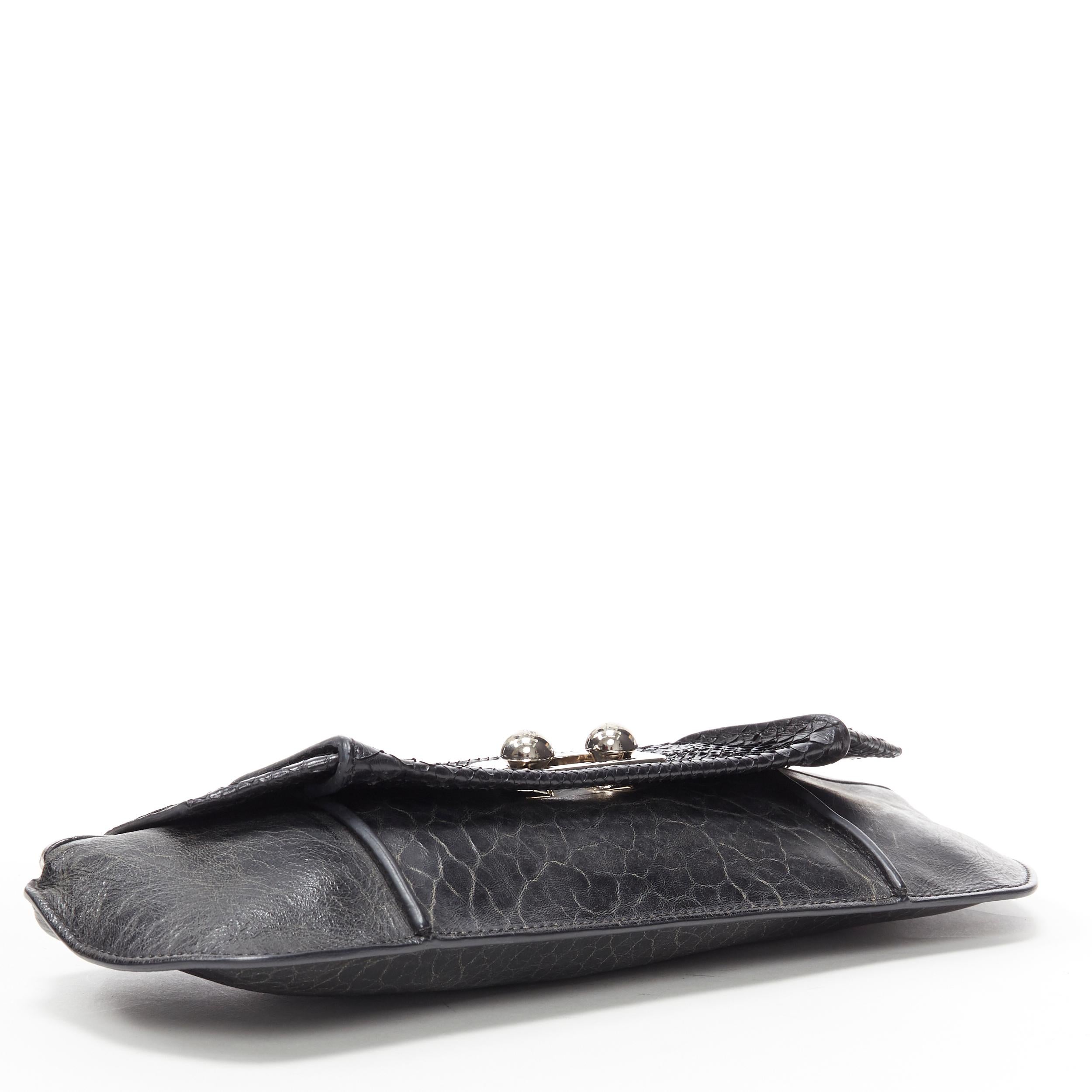 Women's vintage CELINE black scaled leather flap silver ball buckle long clutch bag