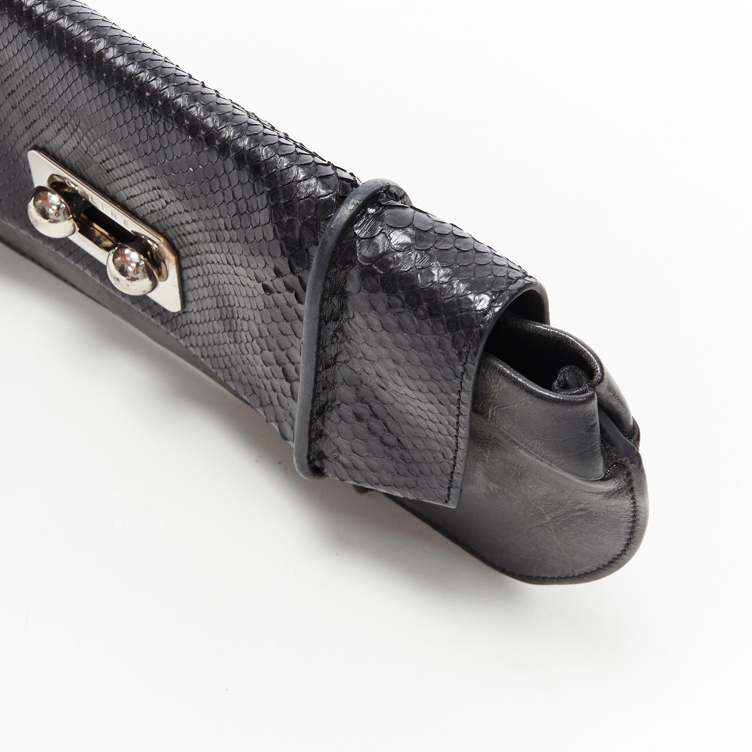 Black vintage CELINE black scaled leather flap silver ball buckle long clutch bag