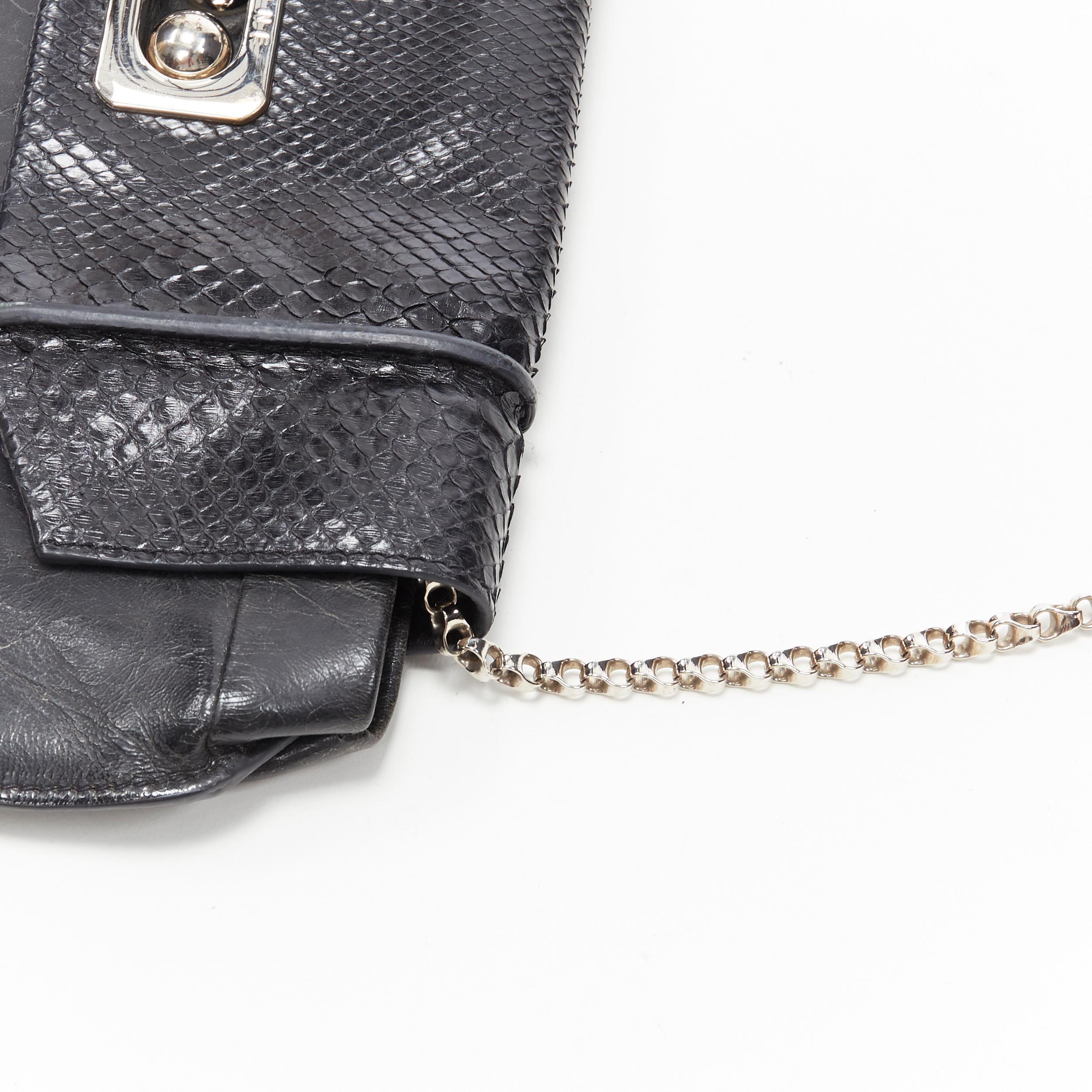 Women's vintage CELINE black scaled leather flap silver ball buckle long clutch bag