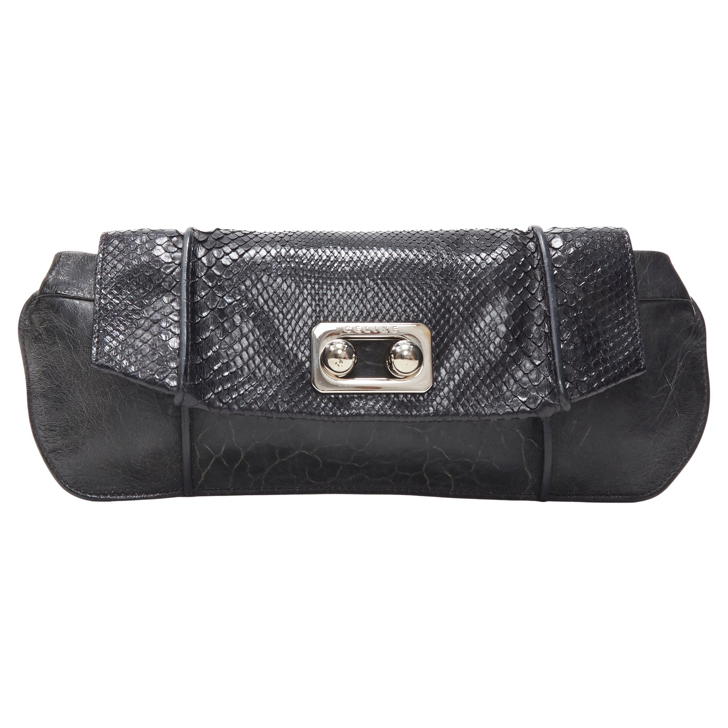 vintage CELINE black scaled leather flap silver ball buckle long clutch bag