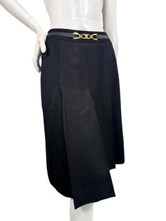 Vintage Céline Black Wool Pleated Midi Skirt with Gold Logo Belt, France