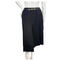 Vintage Céline Black Wool Pleated Midi Skirt with Gold Logo Belt, France