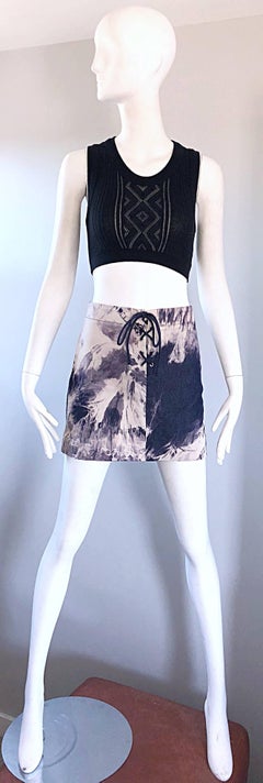 Vintage Celine Blue + Ivory Tie Dye 1990s Lace - Up 90s Silk + Cotton Mini Skirt