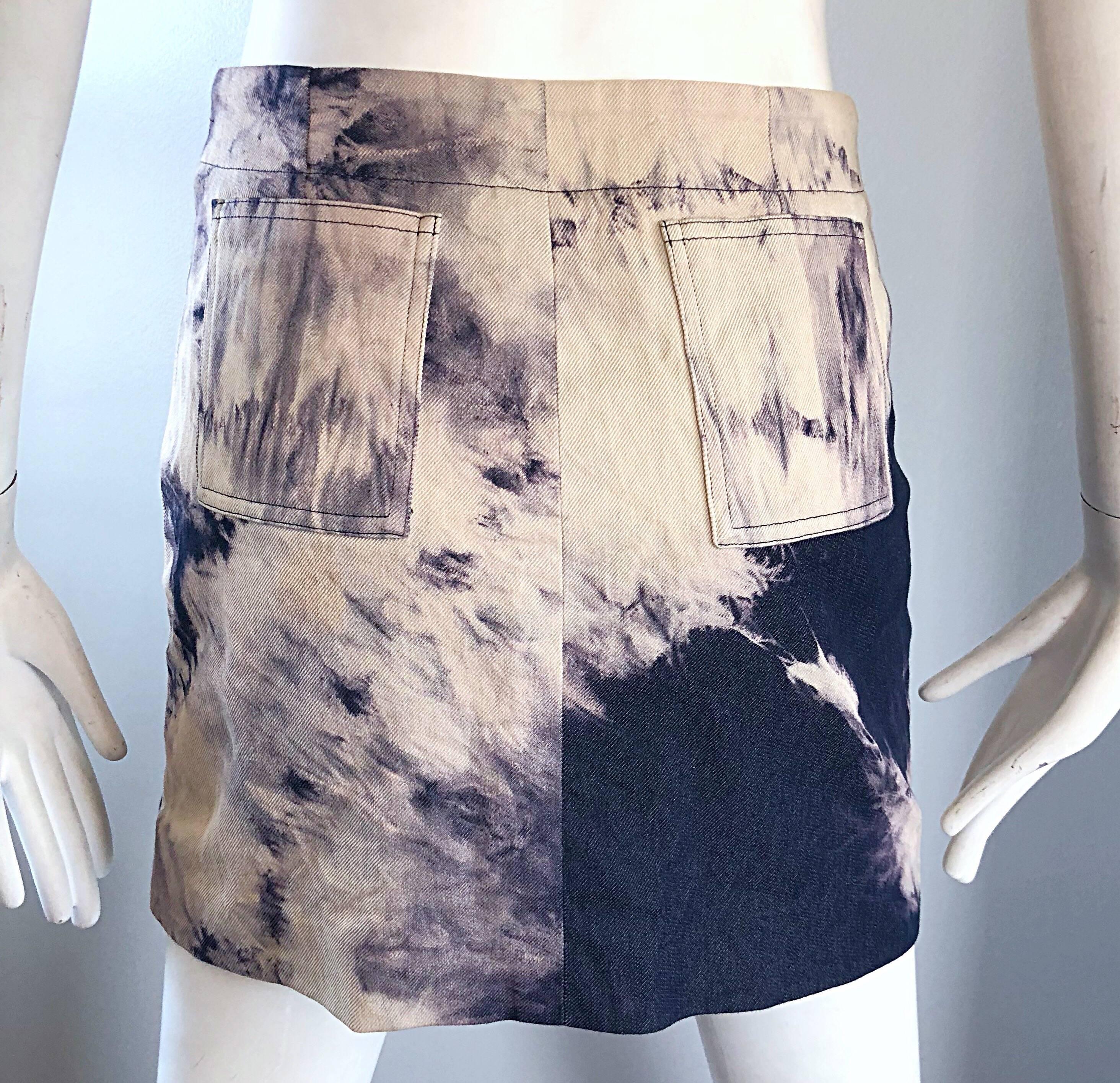 Vintage Celine Blue + Ivory Tie Dye 1990s Lace - Up 90s Silk + Cotton Mini Skirt 1