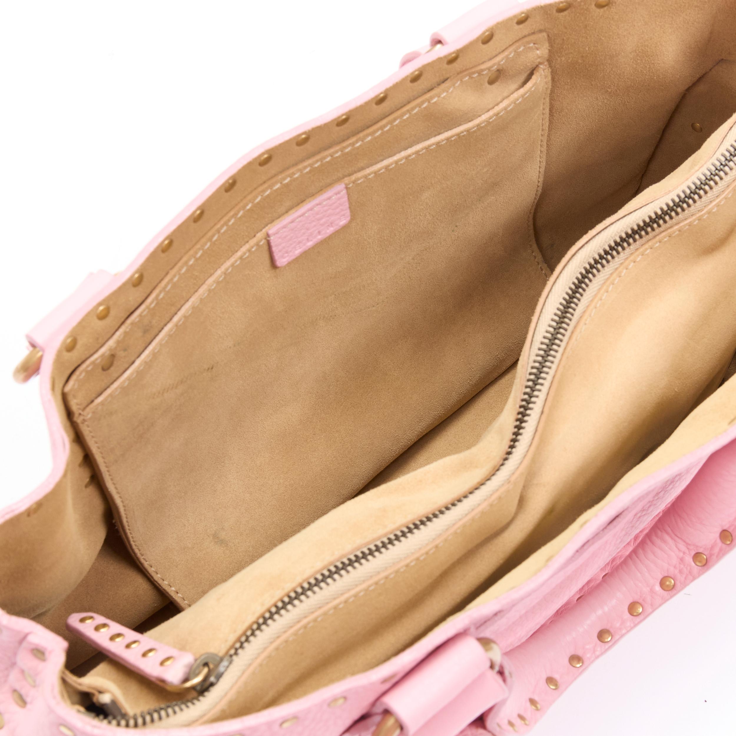 vintage CELINE Boogie pastel pink grained leather gold studded top handle bag 3
