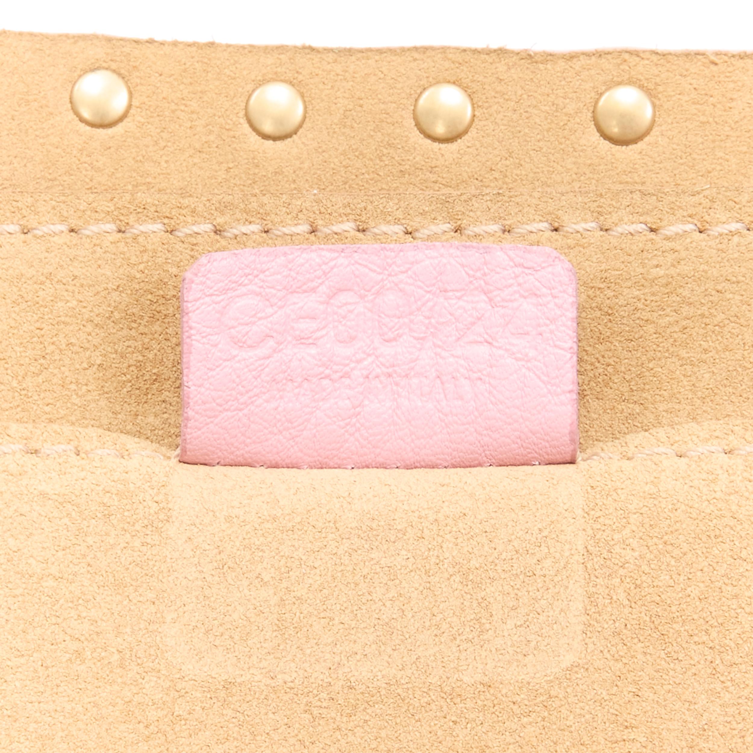 vintage CELINE Boogie pastel pink grained leather gold studded top handle bag 5