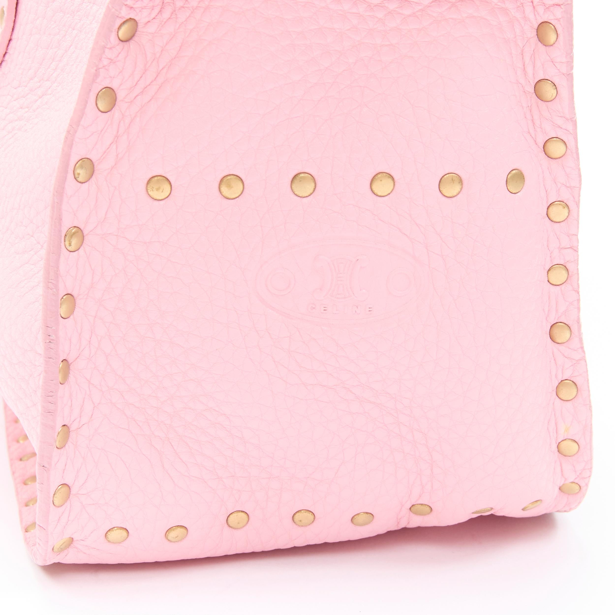 vintage CELINE Boogie pastel pink grained leather gold studded top handle bag In Excellent Condition In Hong Kong, NT