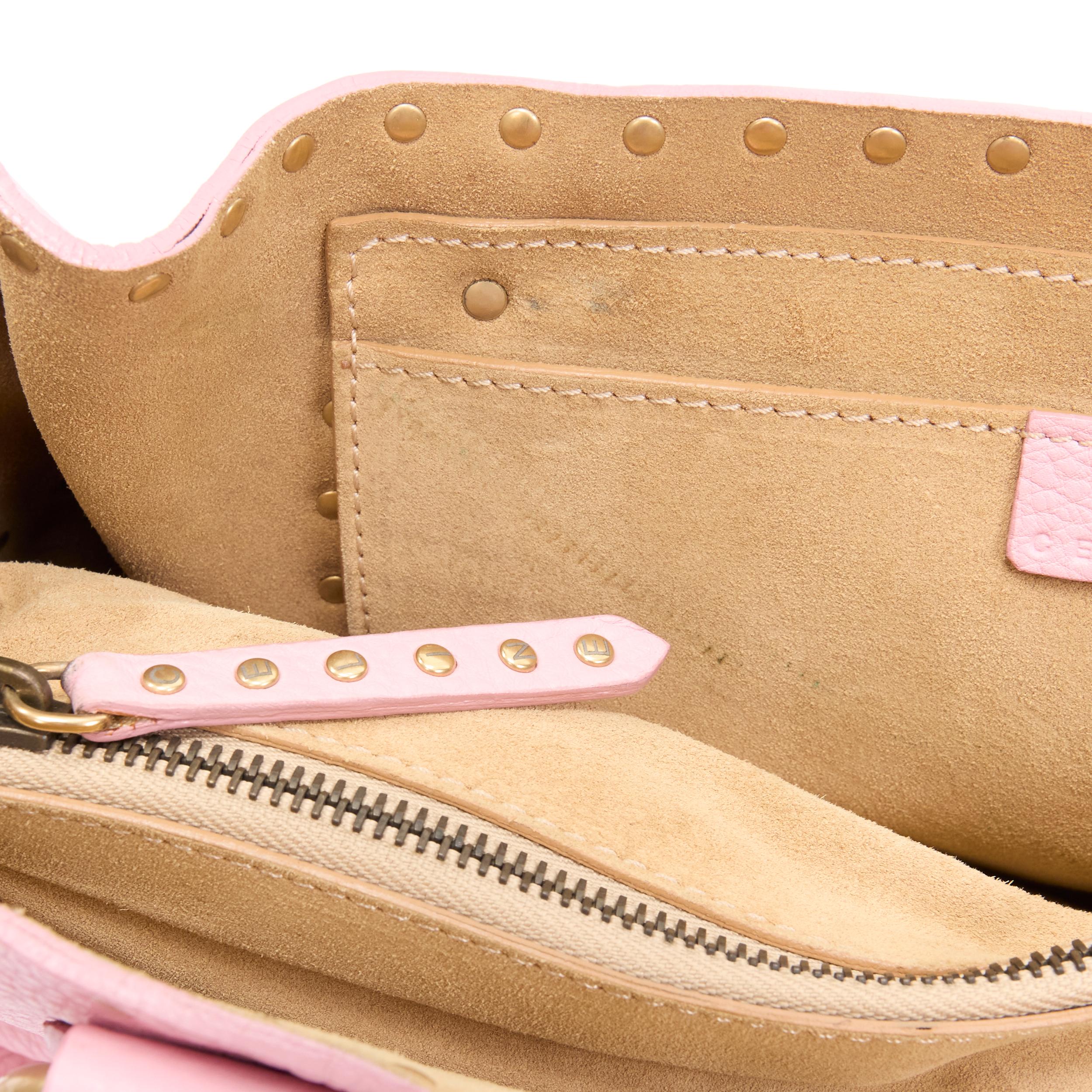 vintage CELINE Boogie pastel pink grained leather gold studded top handle bag 2
