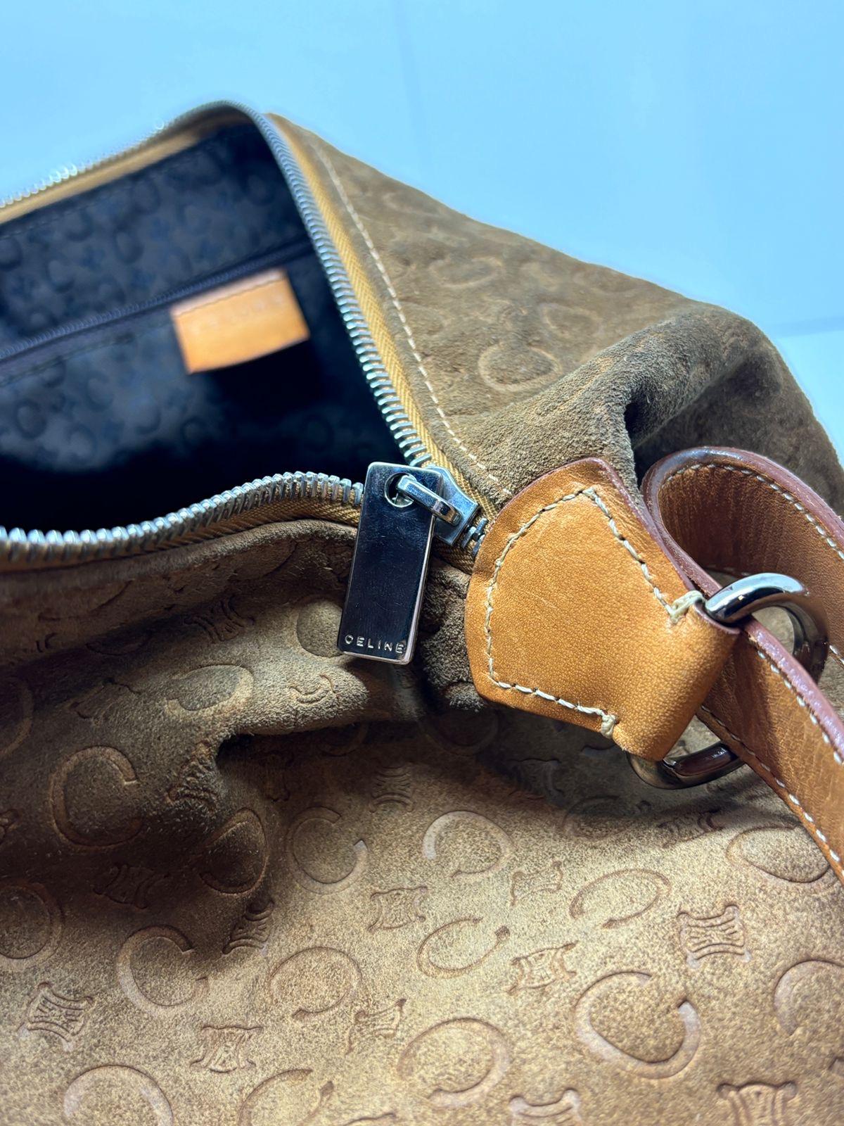 Vintage Celine C Macadam Embossed Brown Suede Shoulder Bag For Sale 9