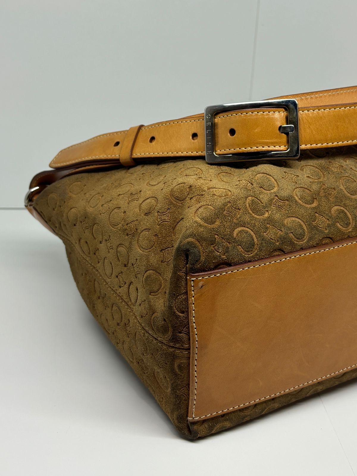 Vintage Celine C Macadam Embossed Brown Suede Shoulder Bag For Sale 10