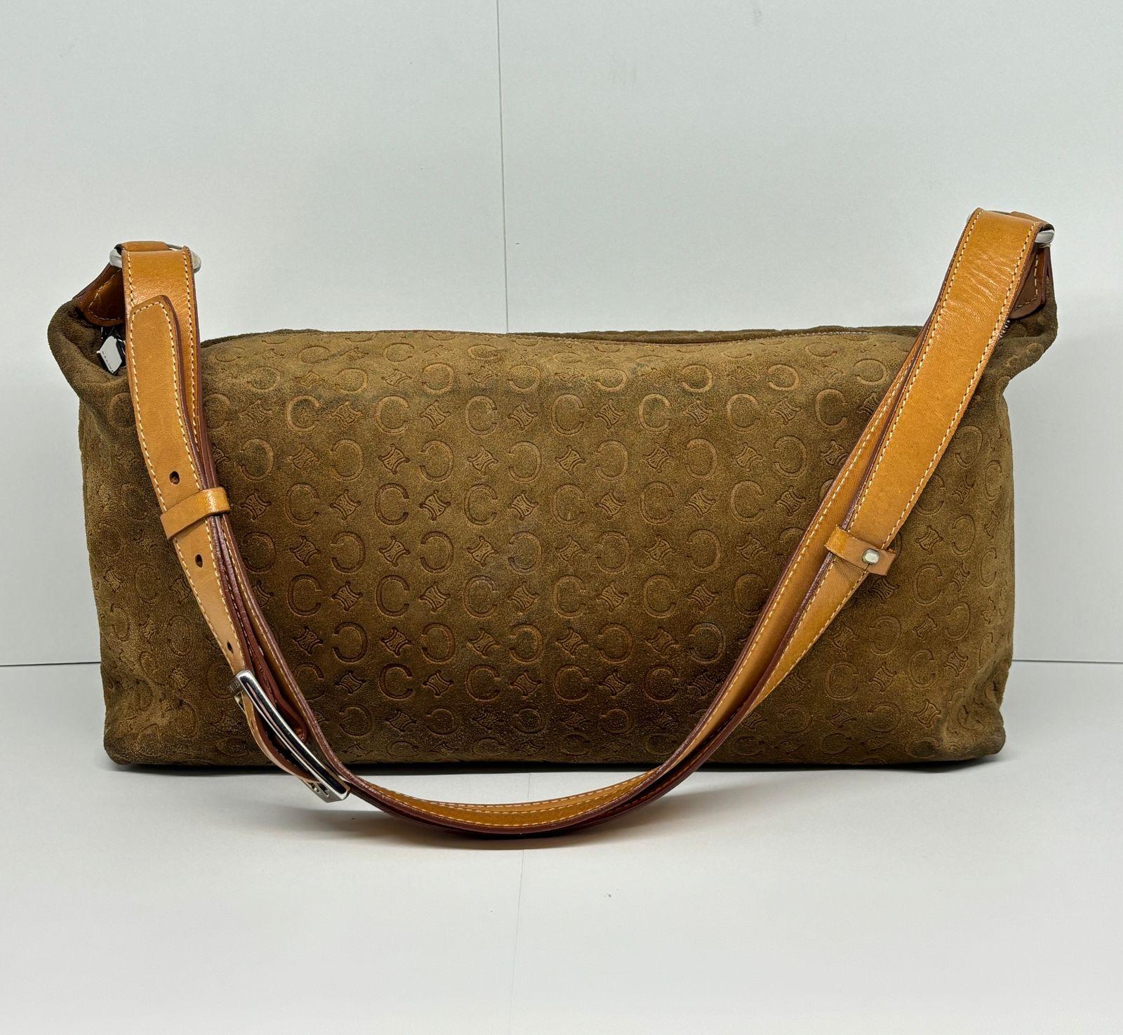 Women's or Men's Vintage Celine C Macadam Embossed Brown Suede Shoulder Bag For Sale