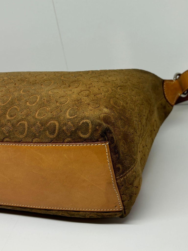 Vintage Celine C Macadam Embossed Brown Suede Shoulder Bag at 1stDibs