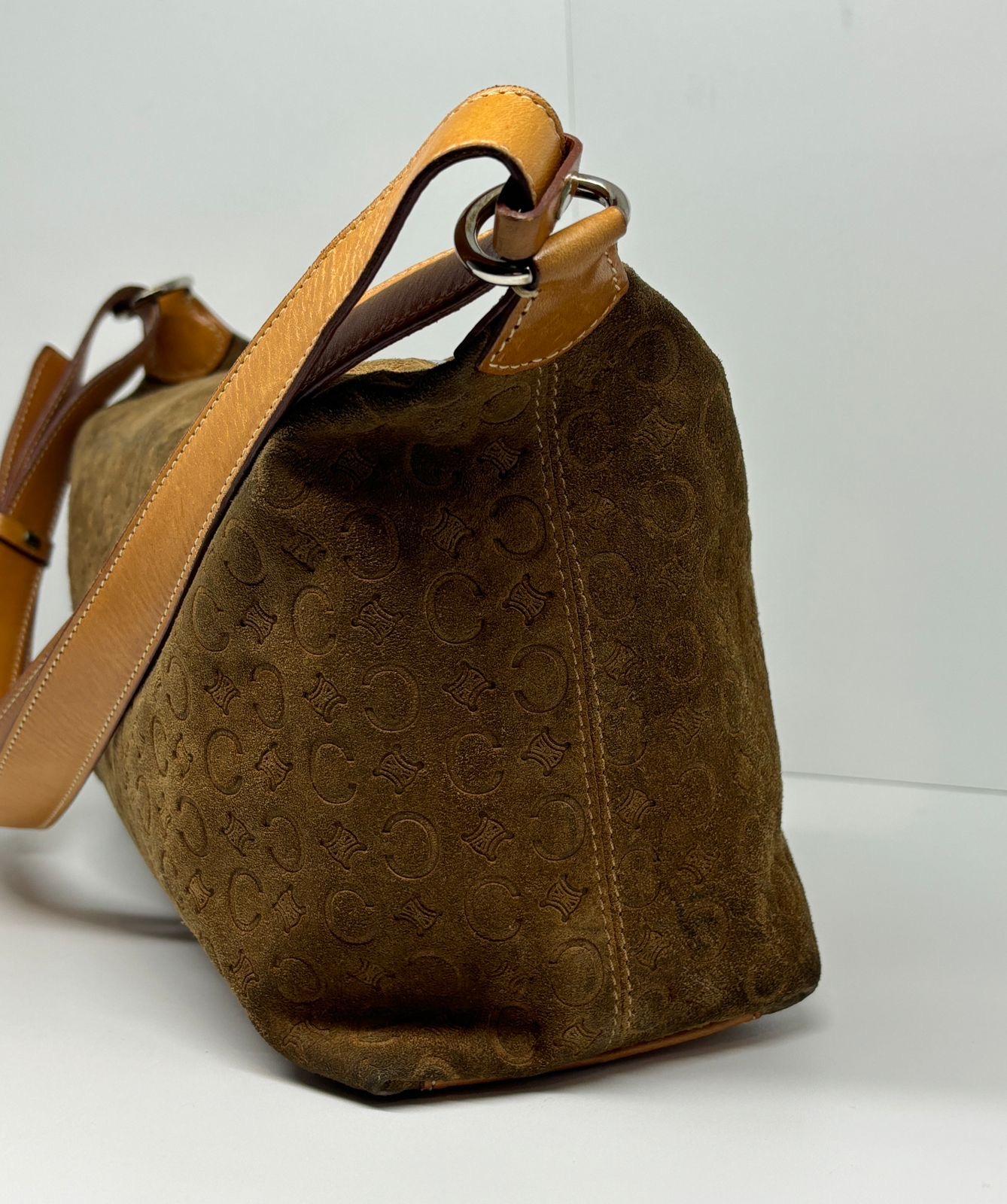 Vintage Celine C Macadam Embossed Brown Suede Shoulder Bag For Sale 5