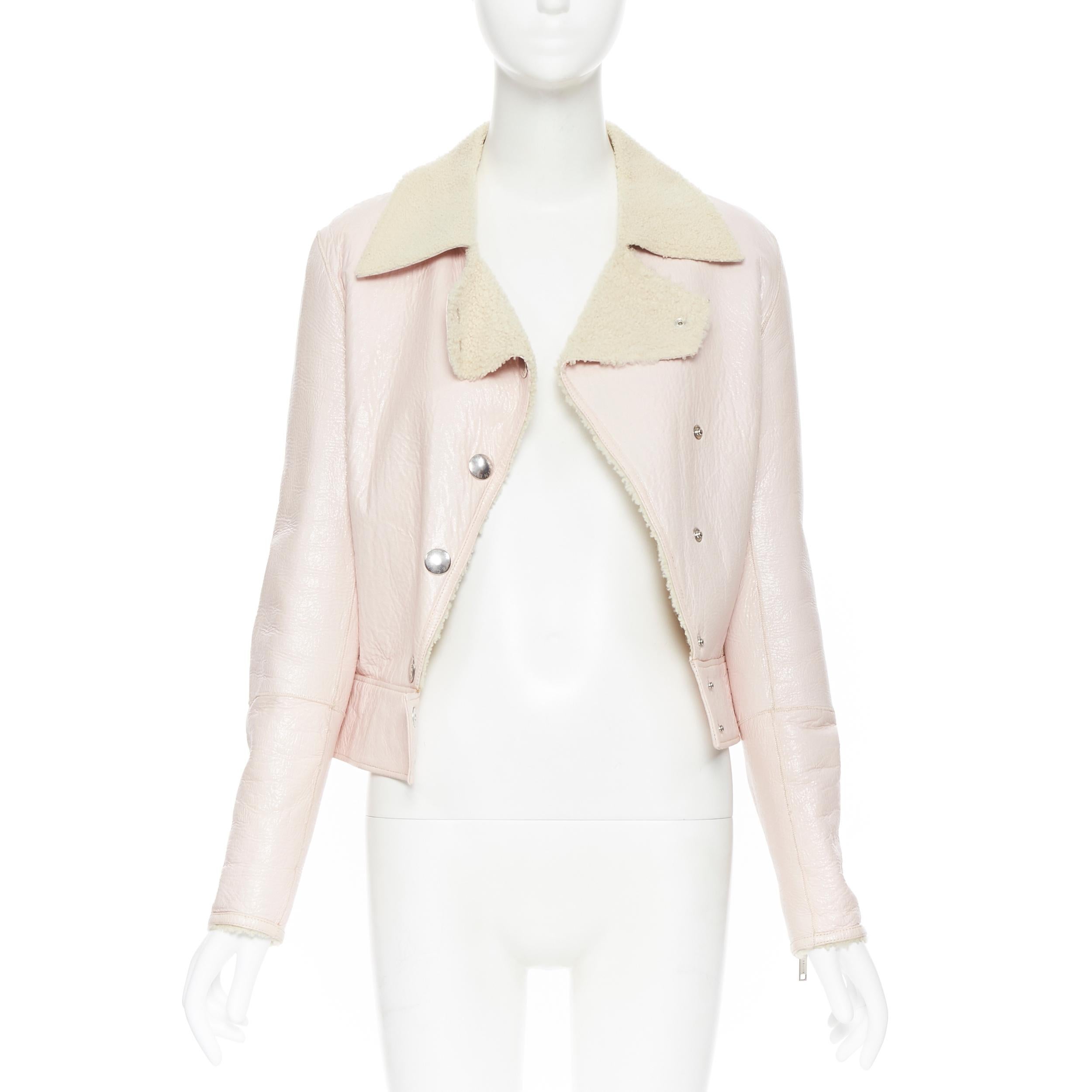 vintage CELINE coated light pink faux shearling lined cropped biker jacket S 
Reference: CC/FITI00384 
Brand: Celine 
Color: Pink 
Pattern: Solid 

SIZING: 
Designer Size: International S 
Size Reference: US2-4 / UK8 / IT40 / FR36 / XS-S 

This