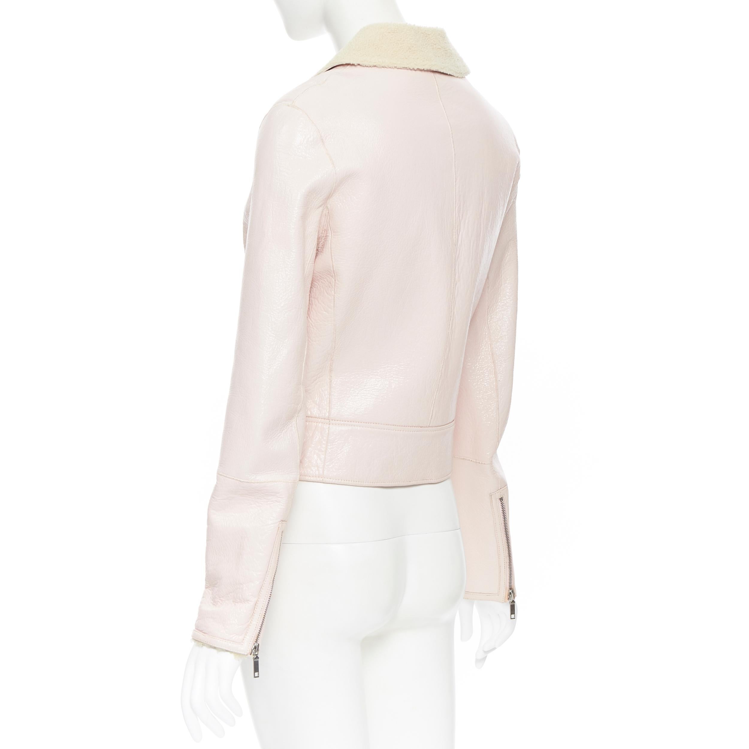 Beige vintage CELINE coated light pink faux shearling lined cropped biker jacket S