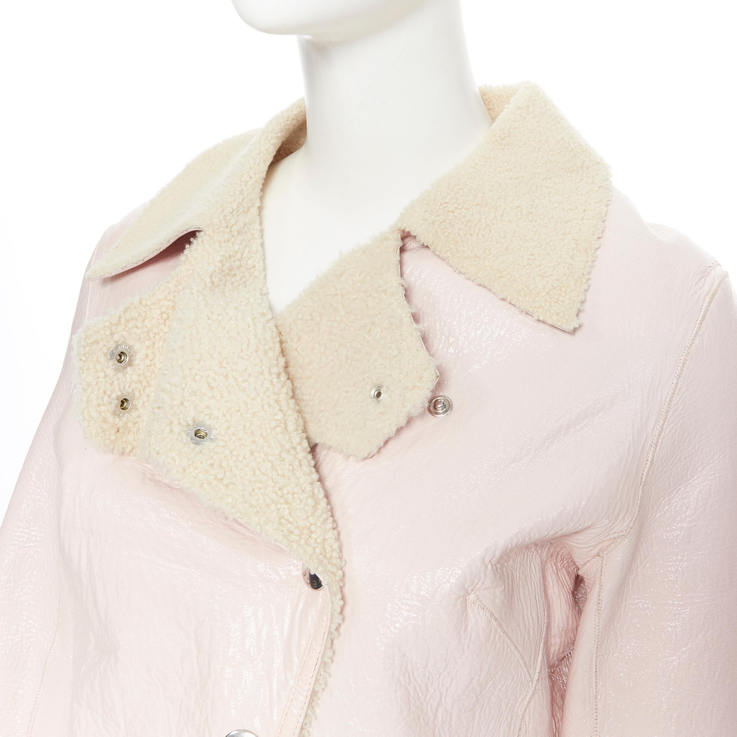 vintage CELINE coated light pink faux shearling lined cropped biker jacket S In Good Condition In Hong Kong, NT