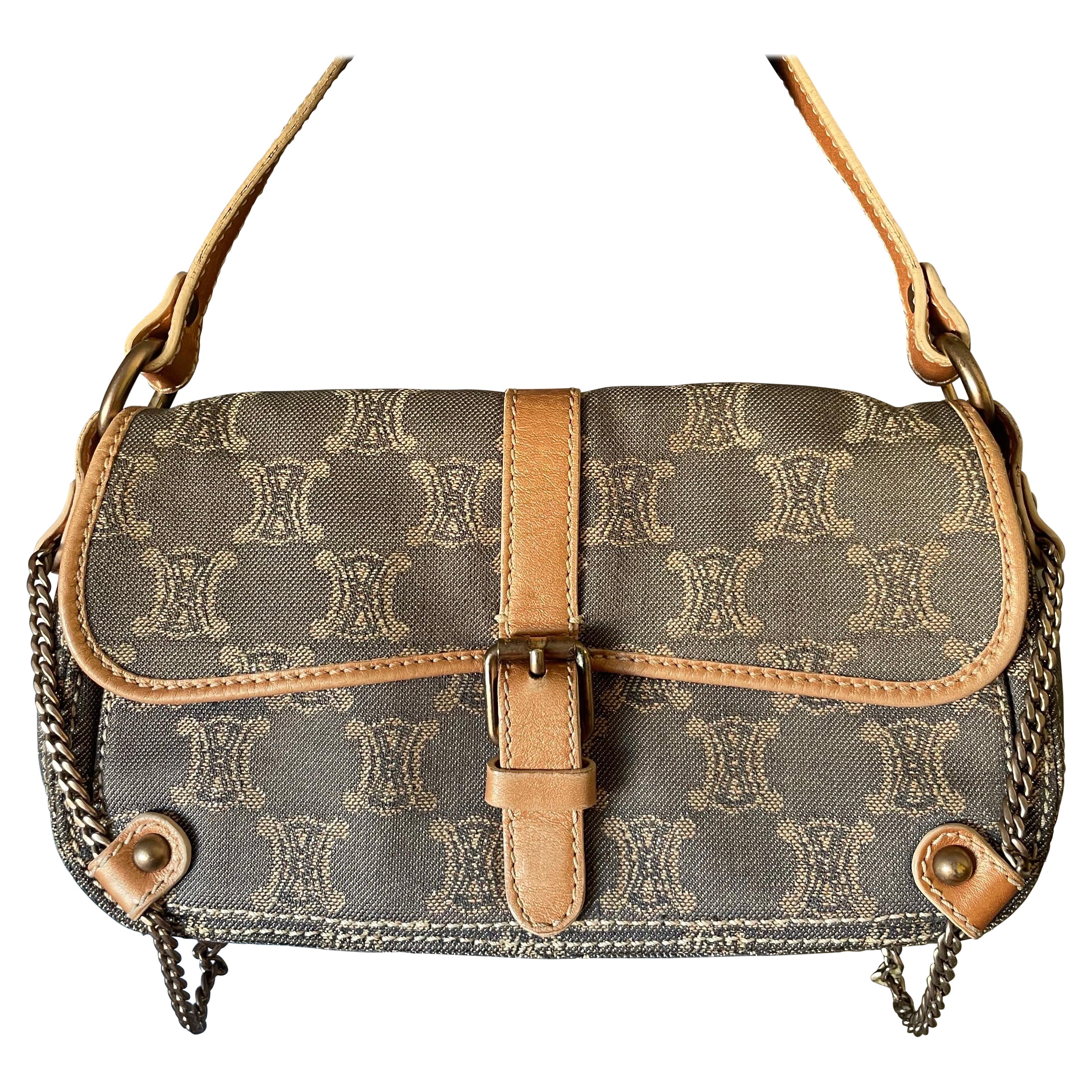 Vintage Celine Macadam Canvas and Leather Shoulder Bag, Italy, Early 2000s