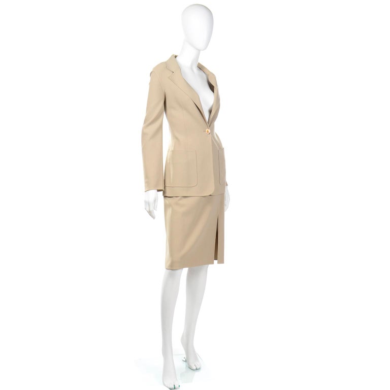 NennsyShop Women Vintage Suit Louis Feraud Suit Set Skirt Jacket Linen Two Piece Blazer Beige High Waist Vintage Skirt Vintage Jacket Vintage Blazer