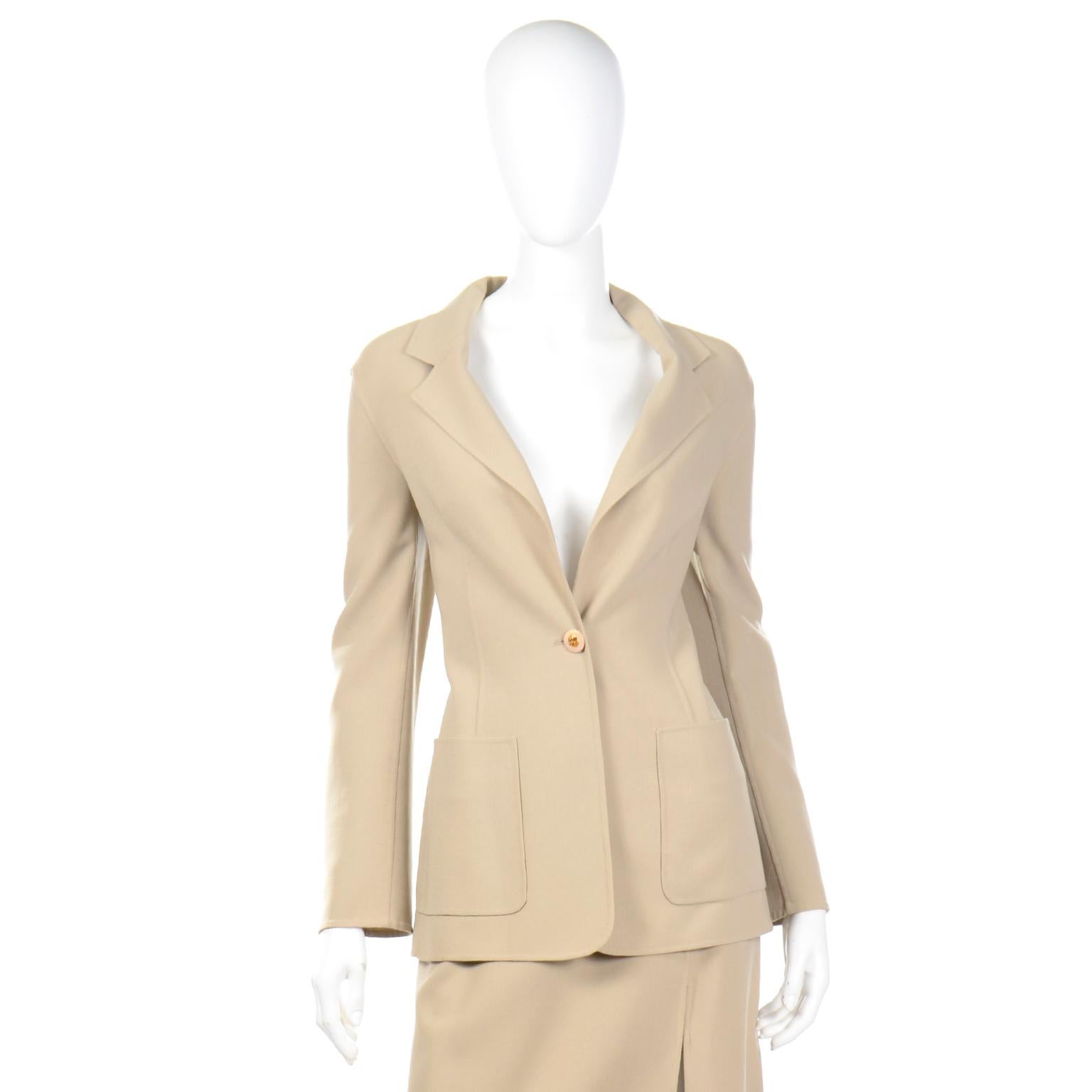 Vintage Celine Monochromatic Sand Beige Jacket and Skirt Suit In Excellent Condition In Portland, OR