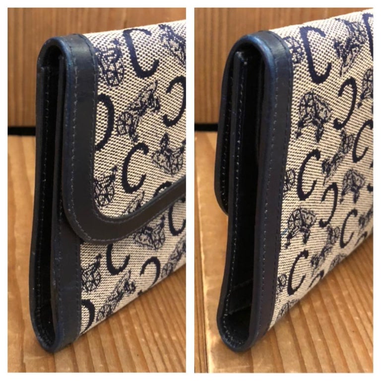Vintage CELINE Monogram Jacquard Tri Fold Long Wallet Navy For