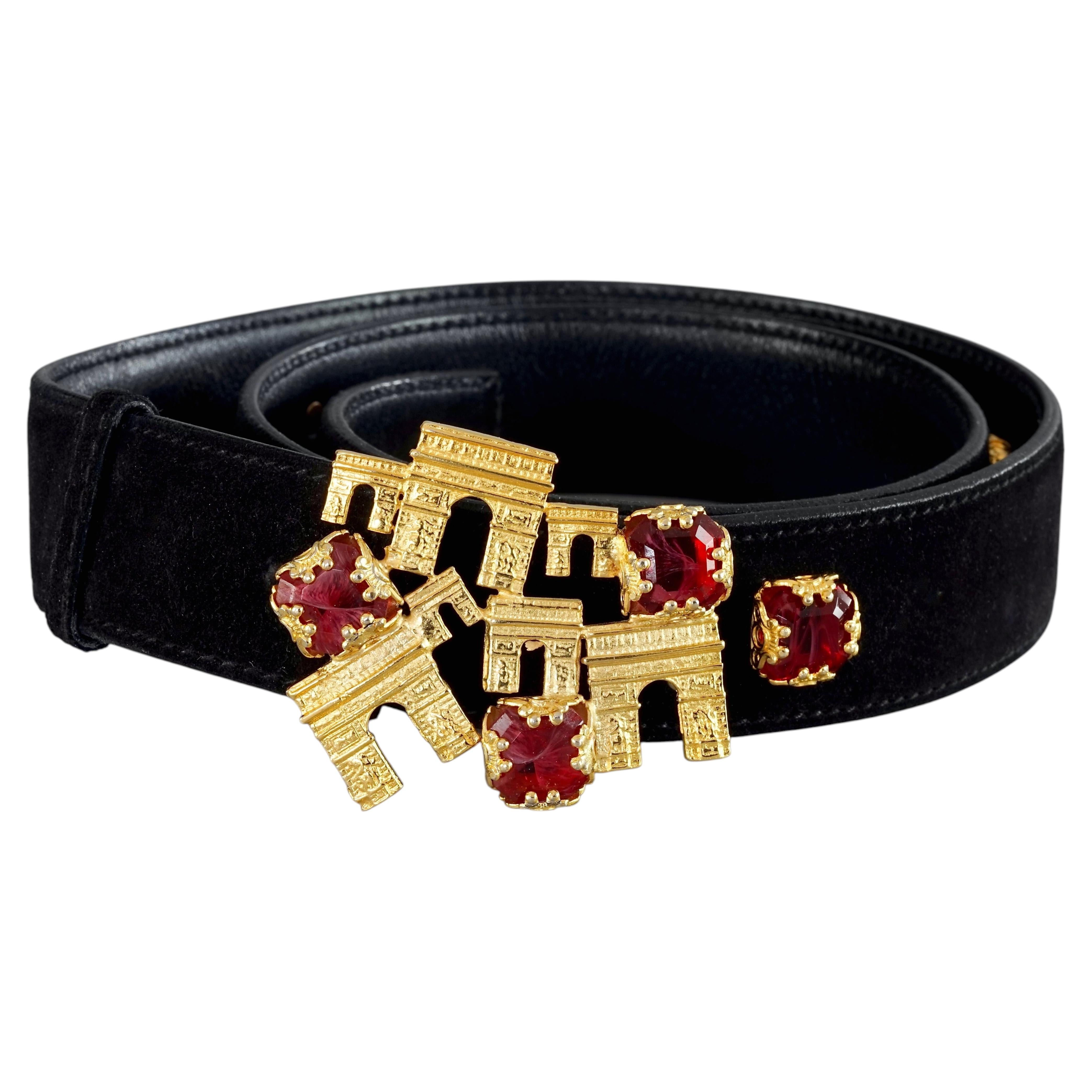 Vintage CELINE PARIS Arc De Triomphe Jewelled Black Suede Leather Belt For Sale