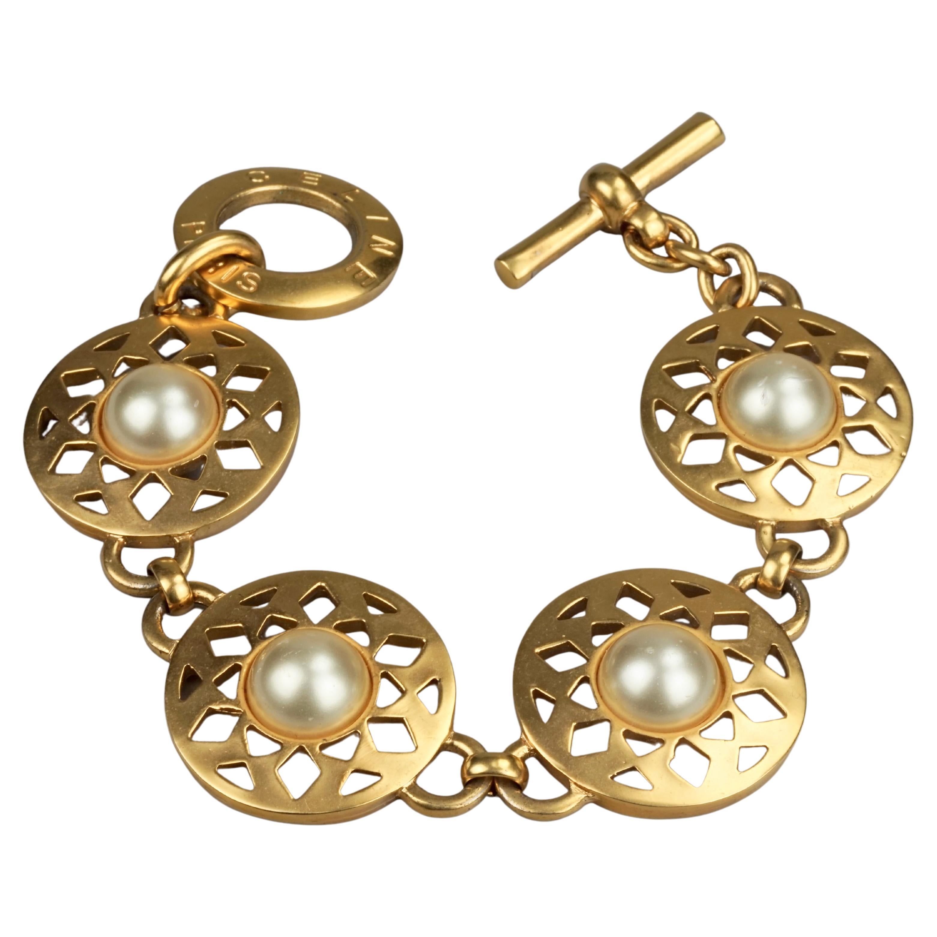 Vintage CELINE PARIS Geometric Cut Out Discs Pearl Link Bracelet For Sale