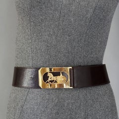 Vintage CELINE PARIS Horse Carriage Buckle Dark Brown Leather Belt